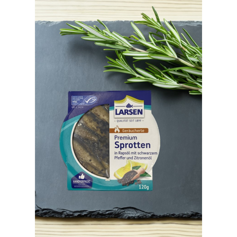 Larsen geräucherte Sprotten in Pfeffer-Zitronenöl