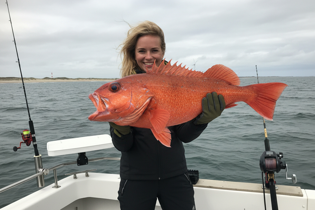Stolze Anglerin präsentiert großen Rotbarsch auf Boot im Nordatlantik nach erfolgreichem Fang