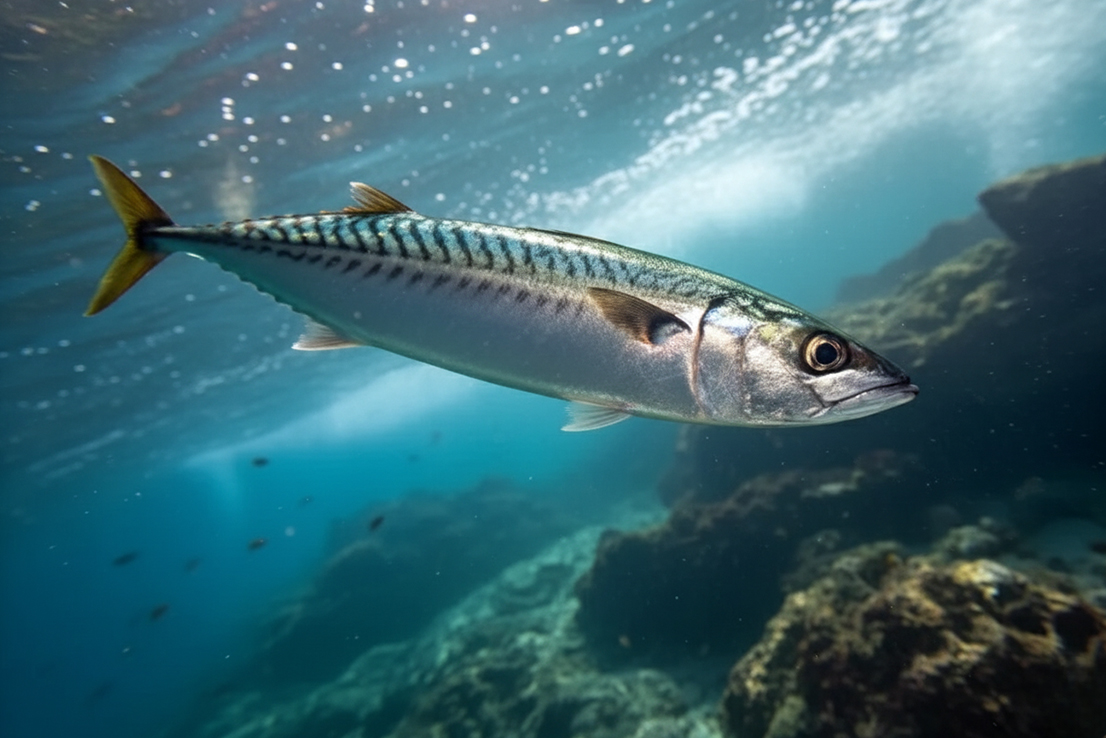 Atlantische Makrele im klaren Meer – Nahaufnahme im natürlichen Unterwasser-Lebensraum