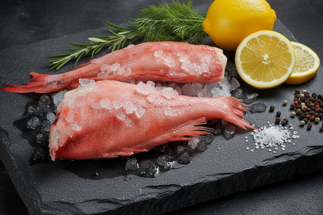 Frische Rotbarschfilets auf Schiefer mit Zitrone, Rosmarin und Gewürzen für die Zubereitung