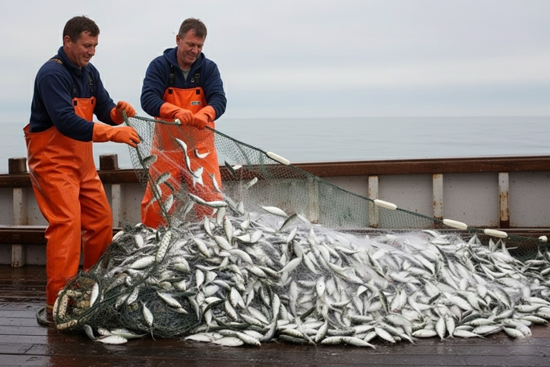 Heringsfischerei auf der Nordsee – reicher Fang frischer Heringe