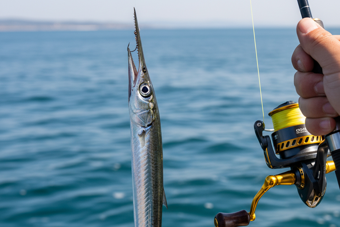 Hornhecht Spinnfischen – Nahaufnahme des charakteristischen Schnabels