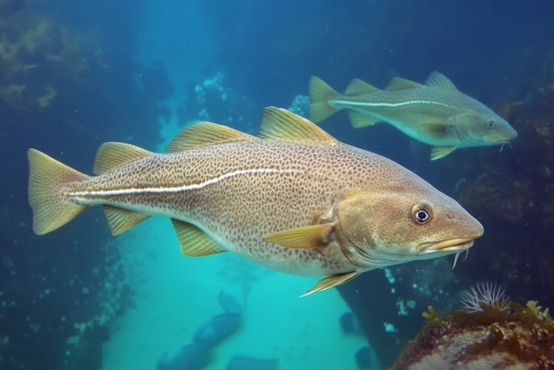 Kabeljau Nahaufnahme – charakteristischer Bartfaden und drei Rückenflossen