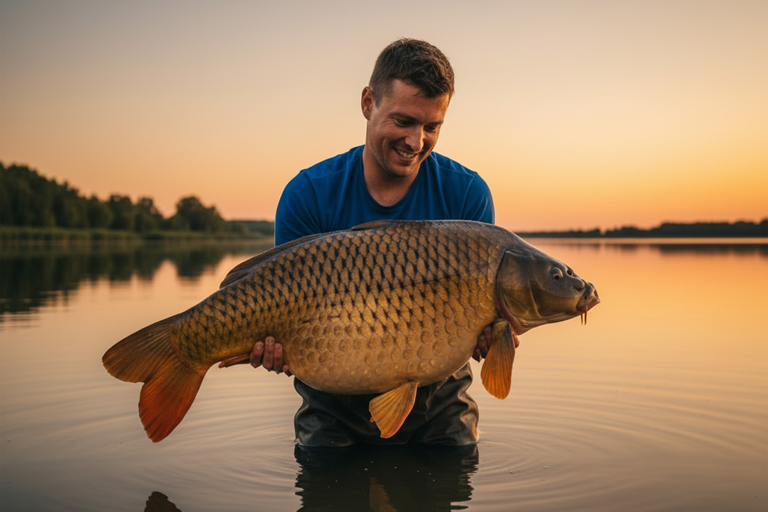 Karpfen angeln – kapitaler Fang bei Sonnenuntergang am See