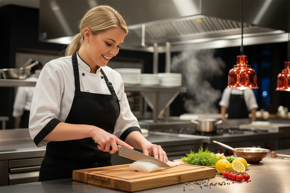 Lächelnde Köchin in Profiküche schneidet frisches weißes Seeteufelfilet auf Holzbrett mit Kräutern und Gemüse