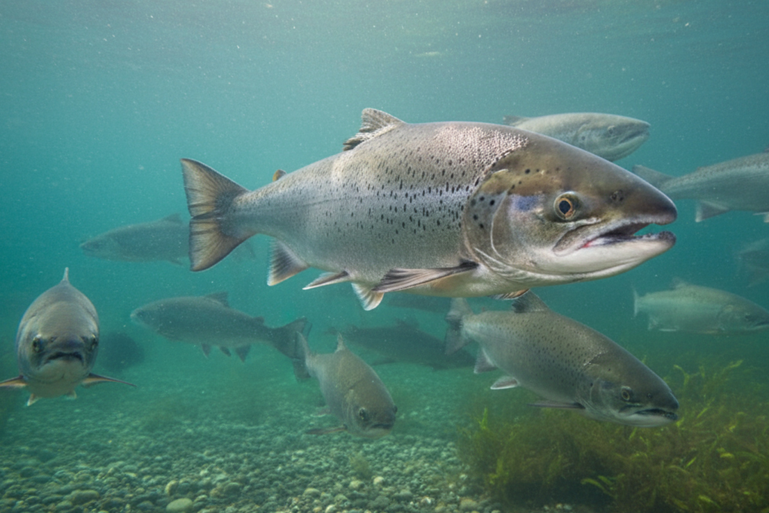 Lachse bei der Laichwanderung unter Wasser – natürlicher Lebensraum im Fluss
