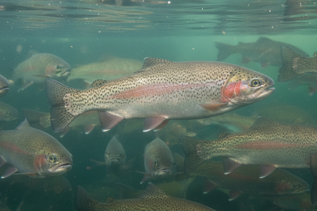 Lachsforellen in Aquakultur – Regenbogenforellen aus kontrollierter Zucht