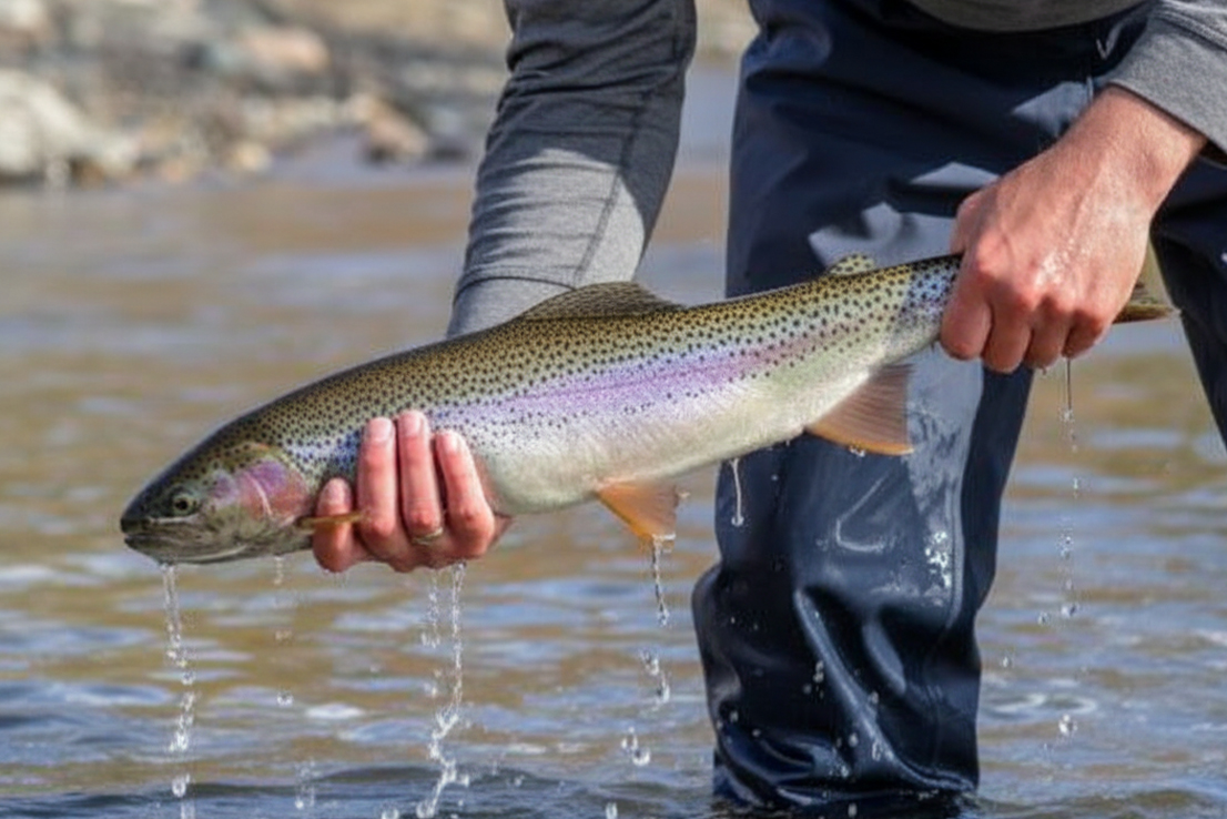 Lachsforelle mit rosa Längsstreifen – charakteristische Färbung der Regenbogenforelle