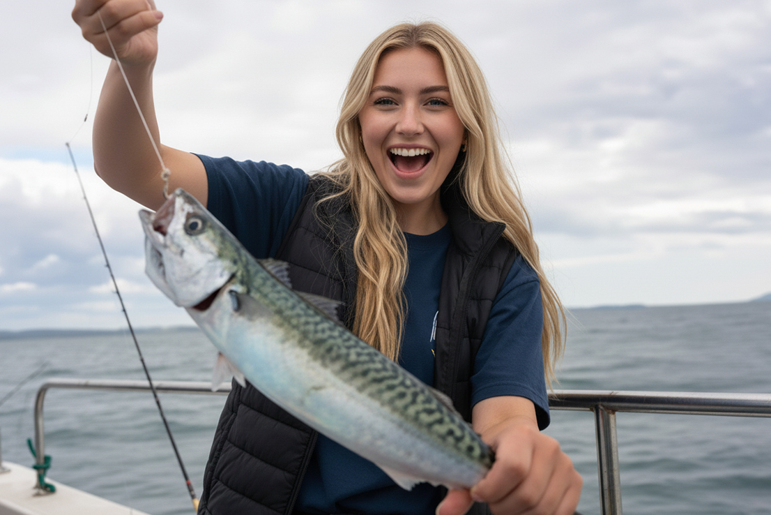 Frisch gefangene Makrele beim Meeresangeln auf dem Boot – typisches Muster und Fangmoment