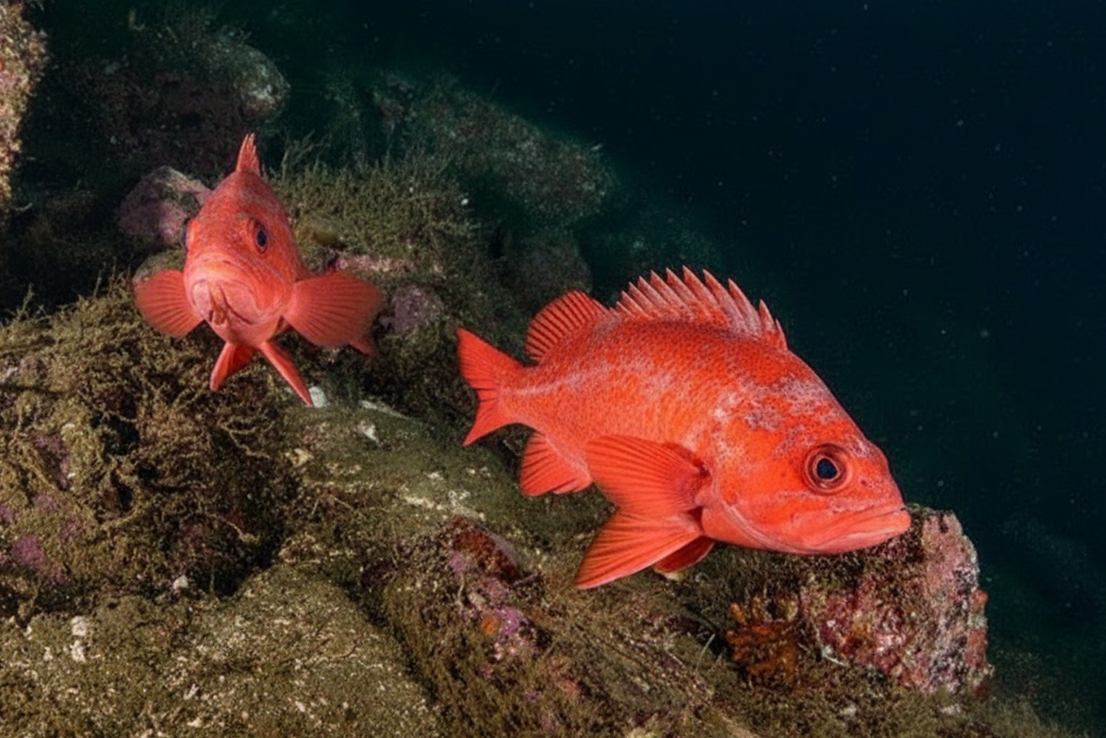 Zwei Rotbarsche schwimmen über felsigem Meeresgrund in typischer Tiefseelandschaft
