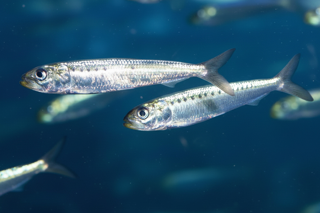 Sardinen-Schwarm schwimmt im klaren blauen Wasser des Mittelmeers in typischer Formation