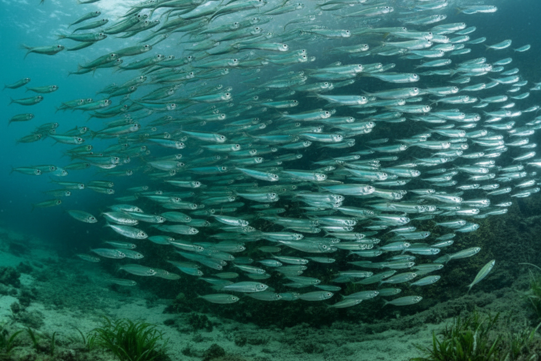 Ein dichter Schwarm junger Heringe schwimmt synchron durch das klare, kühle Meer; die silbrig schimmernden Fische bewegen sich als kompakte Formation über dem Meeresboden und zeigen das typische Schwarmverhalten im natürlichen Aufwuchsgebiet.