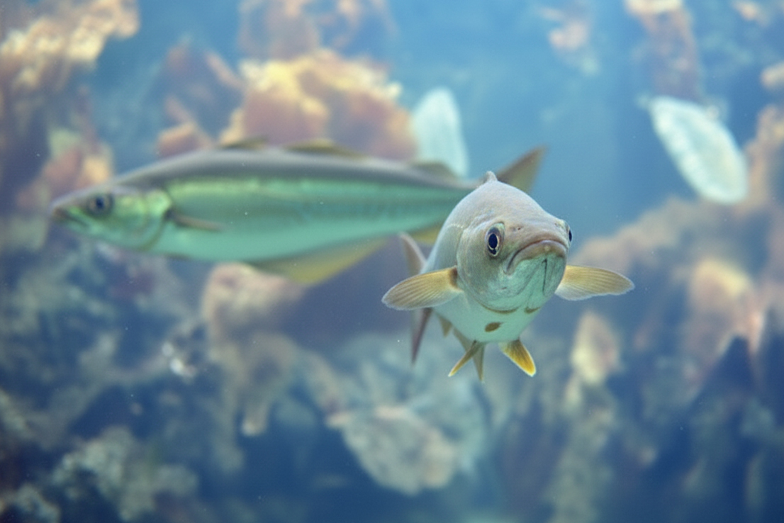 Seelachs schwimmt über Algen und Felsen in klarem türkisfarbenem Wasser des Nordatlantiks