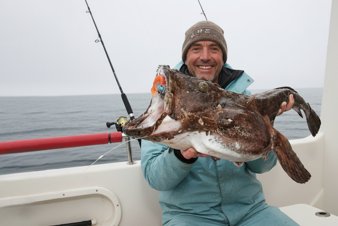 Stolzer Angler präsentiert großen Seeteufel mit charakteristischem breitem Kopf und riesigem Maul nach erfolgreichem Fang auf Boot