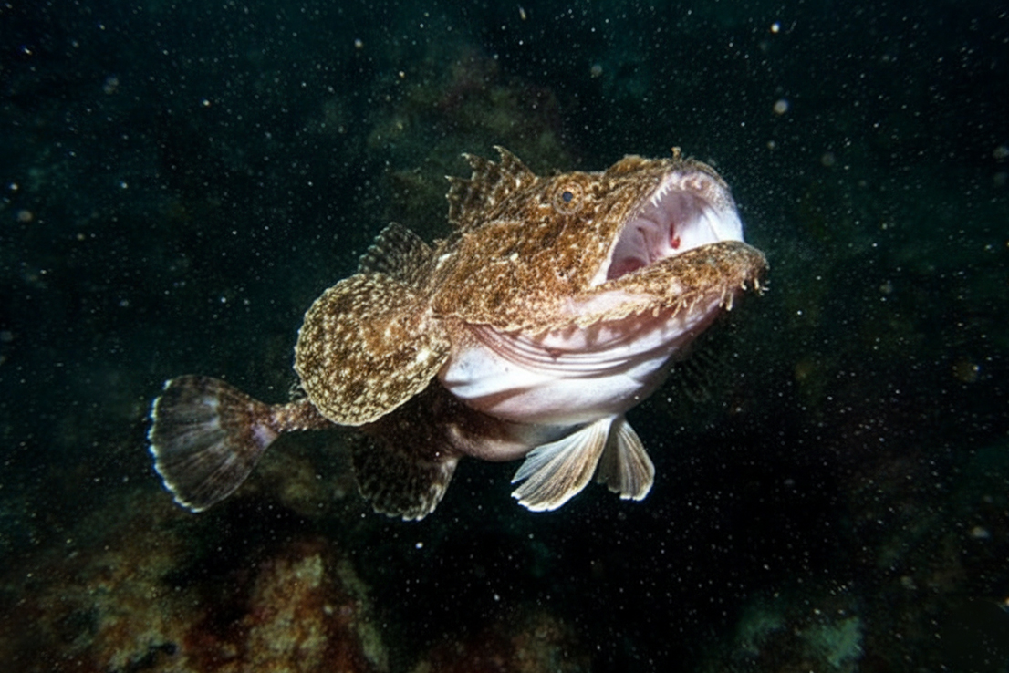 Seeteufel schwimmt im dunklen Wasser mit weit geöffnetem Maul und sichtbaren spitzen Zähnen in Angriffsposition