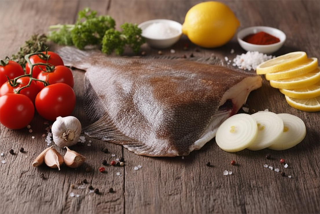 Ganzer frischer Steinbutt auf rustikalem Holzbrett mit Tomaten, Knoblauch, Zitrone, Zwiebeln und Gewürzen für die Zubereitung