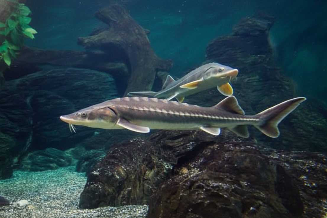 Zwei Störe schwimmen im Aquarium mit deutlich sichtbaren Längsreihen der charakteristischen Knochenplatten über Felsen