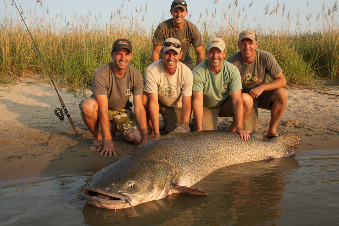 Welsangeln erfolgreich – kapitaler Wels vom Ufer gefangen