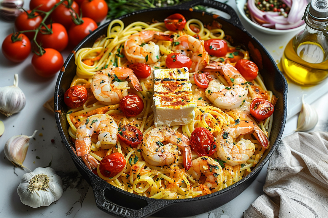 Linguine mit Garnelen und cremigen Ofentomaten