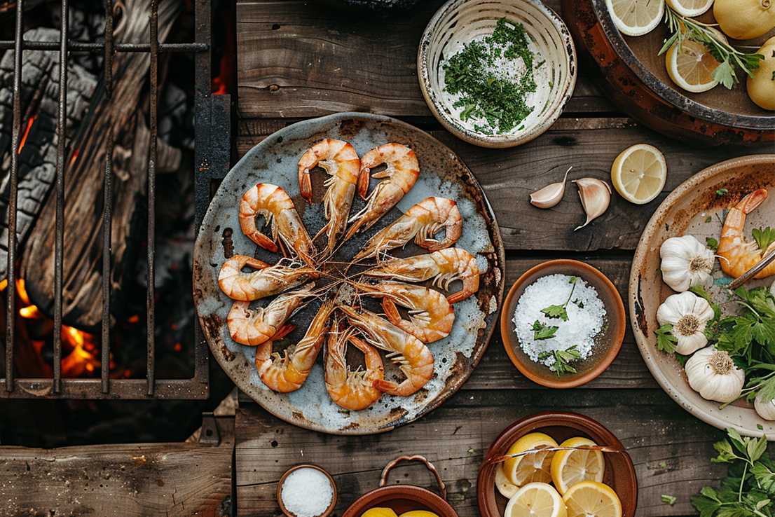 Klassisch gegrillte Garnelen mit Knoblauch und Zitrone