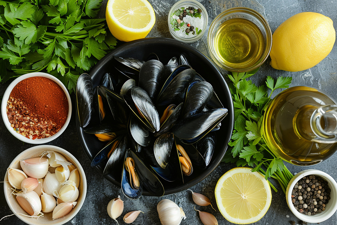 Notwendige Zutaten für die Zubereitung von Miesmuscheln in Weißwein