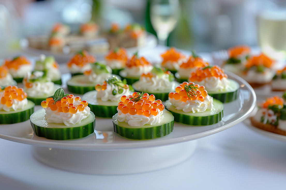 Gurken-Canapés mit rotem Kaviar und Frischkäse