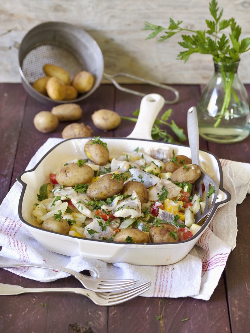 Fischpfanne mit Pellkartoffeln