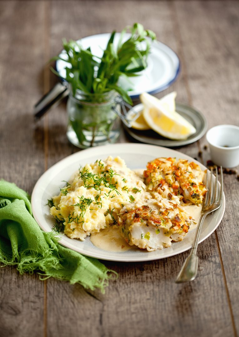 Kabeljau/Dorsch/Skrei mit würziger Haube und Estragonsoße