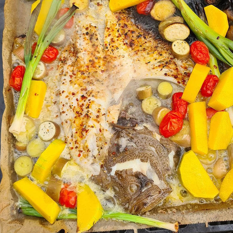 Steinbutt mit Butternut Kürbis und Gemüse Steinbutt mit Butternut Kürbis und Gemüse